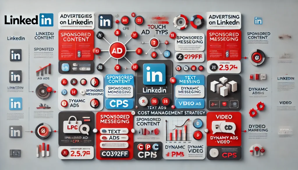 LinkedIn’de Nasıl Reklam Verilir? Başarılı Bir Kampanya İçin Adım Adım Rehber 2 DALL·E 2024 09 04 12.22.53 An infographic illustrating different strategies for advertising on LinkedIn using Commertouchs color palette of red C0392B white FFFFFF and